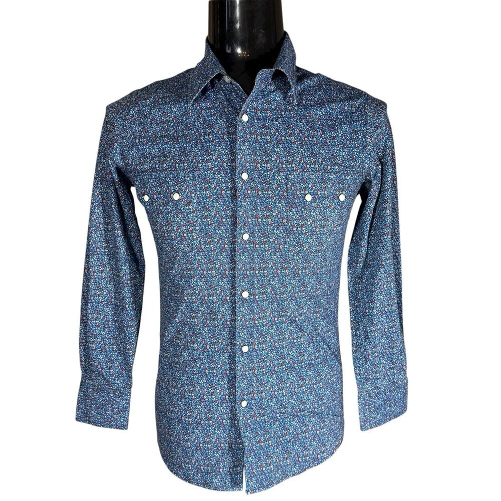 Rock & Roll Denim Blue Red White Floral Western Pearl Snap Shirt Rodeo Cowboy